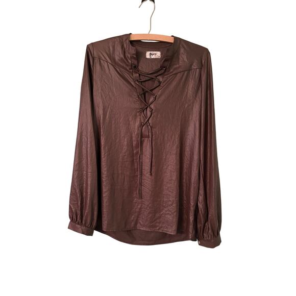 NIGHTCAP By Carisa Rene Size 1 Brown French Polyester Long Sleeve Lace Up Top - Picture 1 of 6